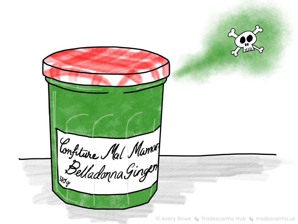 Jar of sickly green jam labelled "Confiture Mal Maman, Belladonna Ginger". A puff of grey vapour is leaking out of the lid with a skull and crossbones over it.