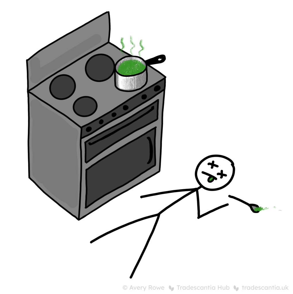 Cartoonish drawing of a person lying dead on the floor, next to a cooker with a pot of green liquid on the stove.
