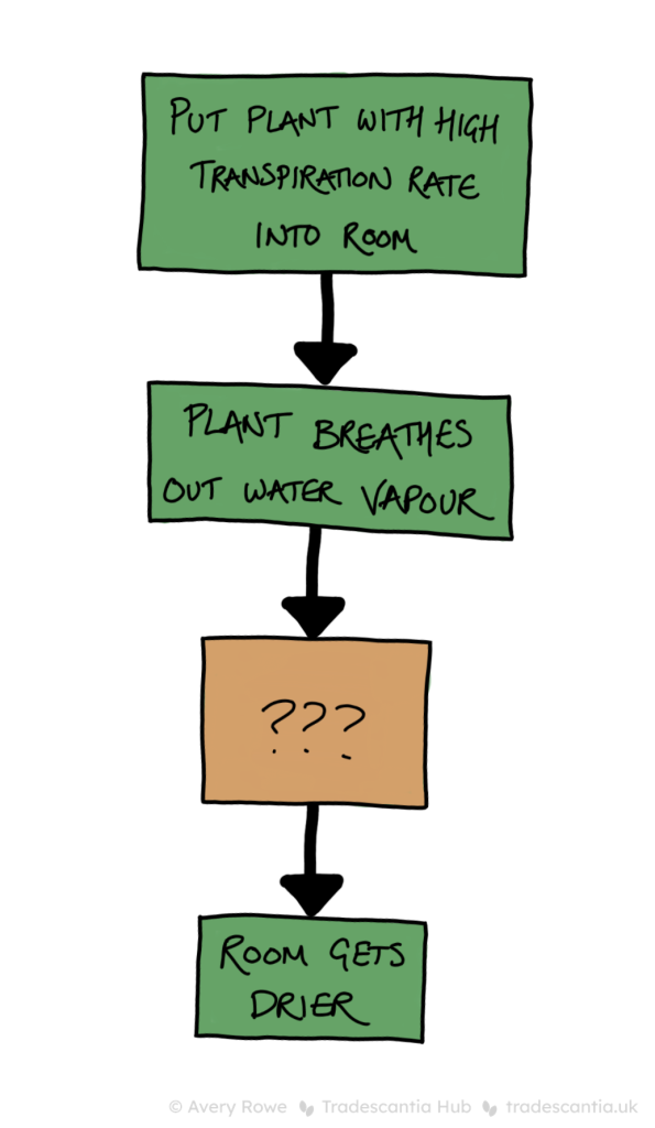 Flow chart with four boxes linked by arrows. "Put plant with high transpiration rate into room", to "Plant breathes out water",  to "???", to "Room gets drier".
