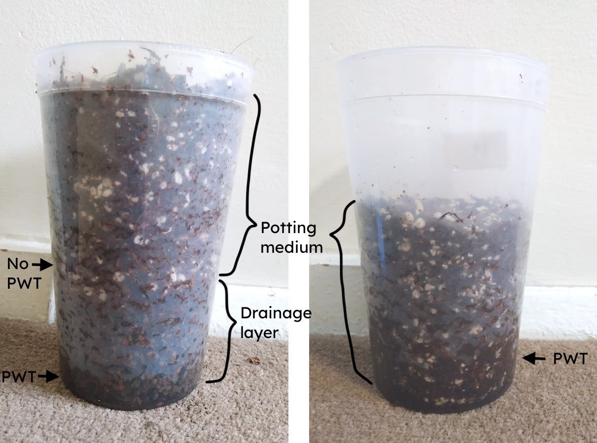 Two clear pots of soil side by side. One pot has a layer of gravel at the bottom and no perched water table in the soil above. The other pot has no gravel layer, and an obvious perched water table at the bottom of the soil.